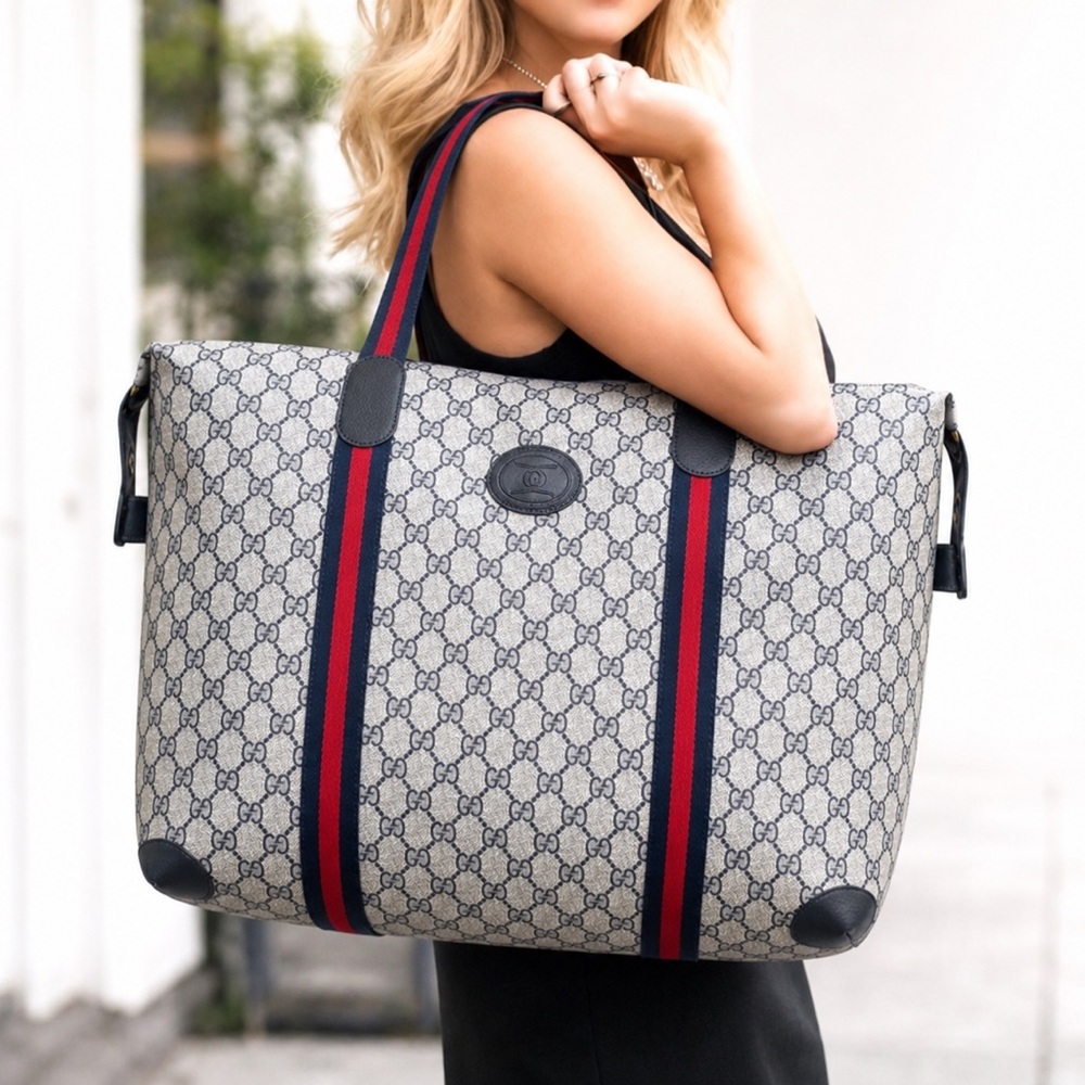 Authentic Gucci XL tote bag weekender travel bag grey navy monogram coated canva
